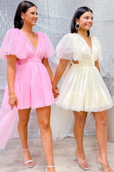 A-line Plunging V Neck Tulle Homecoming Dress